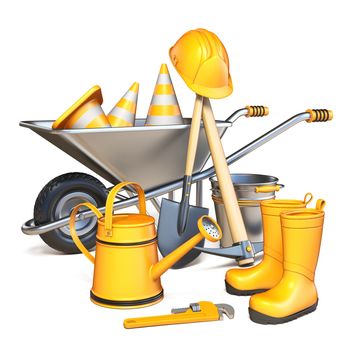 Metal wheelbarrow with orange construction tools 3D render illustration isolated on white background