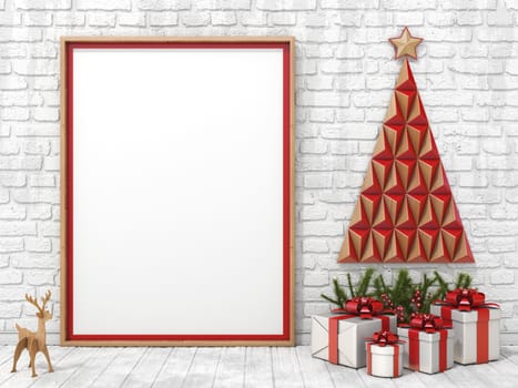 Blank picture frame Christmas decoration and gifts with ribbon bows 3D render illustration