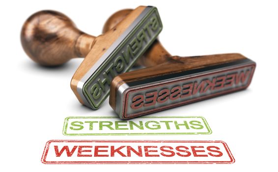 3D illustration of two rubber stamps with the words strengths and weeknesses over white background