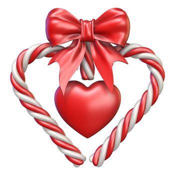 Candy cane, heart and ribbon bow 3D rendering illustration isolated on white background