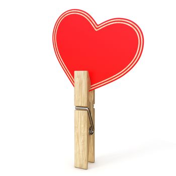 Wooden clothes pin with paper heart 3D rendering illustration isolated on white background