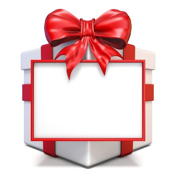 White gift box with red ribbon and blank board 3D rendering illustration isolated on white background