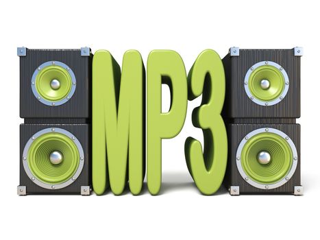 Loudspeaker with green MP3 text 3D rendering illustration isolated on white background