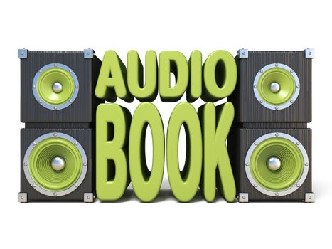 Loudspeaker with green AUDIO BOOK text 3D rendering illustration isolated on white background