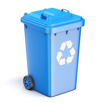 Blue plastic recycle bin closed 3D render illustration isolated on white background