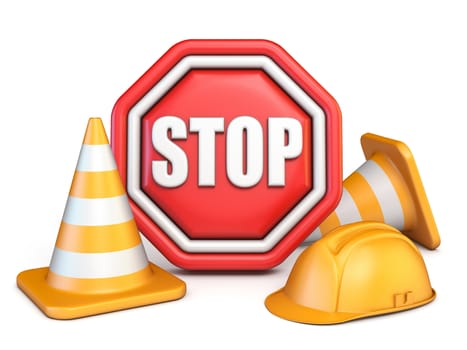 Stop sign, traffic cones and safety helmet 3D rendering illustration isolated on white background