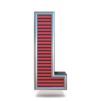 Metal red lines font Letter L 3D render illustration isolated on white background