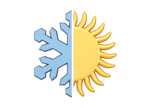 Weather icon half SUN half SNOWFLAKE 3D render illustration isolated on white background