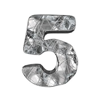 Grunge aluminium foil font number 5 FIVE 3D render illustration isolated on white background