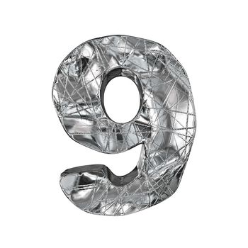 Grunge aluminium foil font number 9 NINE 3D render illustration isolated on white background