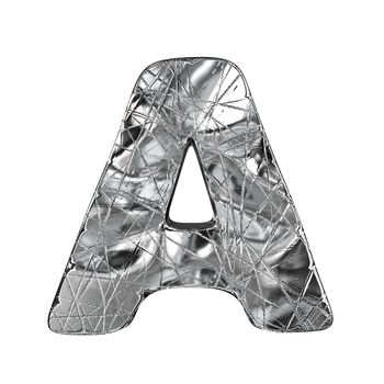Grunge aluminium foil font letter A 3D render illustration isolated on white background