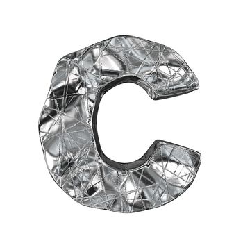 Grunge aluminium foil font letter C 3D render illustration isolated on white background