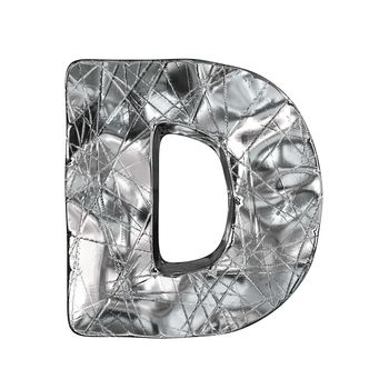 Grunge aluminium foil font letter D 3D render illustration isolated on white background