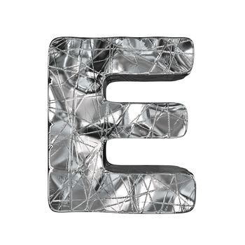 Grunge aluminium foil font letter E 3D render illustration isolated on white background