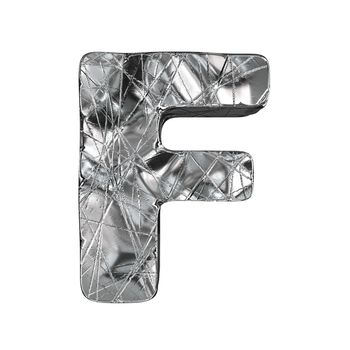 Grunge aluminium foil font letter F 3D render illustration isolated on white background