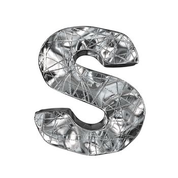 Grunge aluminium foil font letter S 3D render illustration isolated on white background