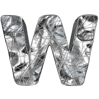 Grunge aluminium foil font letter W 3D render illustration isolated on white background