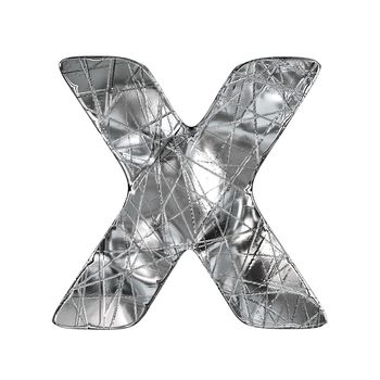 Grunge aluminium foil font letter X 3D render illustration isolated on white background