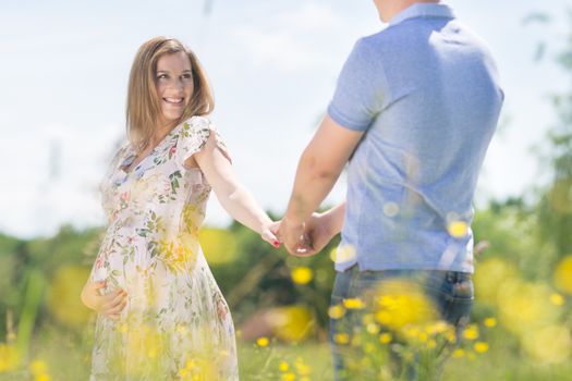 Young happy pregnant couple in love holding hands, relaxing in meadow. Concept of love and family creation.