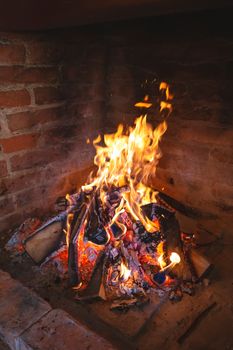 Fireplace fire for preparing traditional croatian dish peka, vertical view
