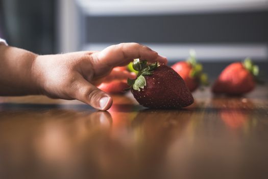 Baby exploring some fruits with his hand on a dark wooden table