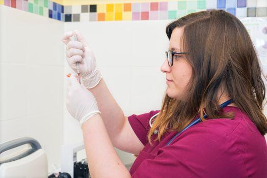 Female doctor working at laboratory. Blood test.