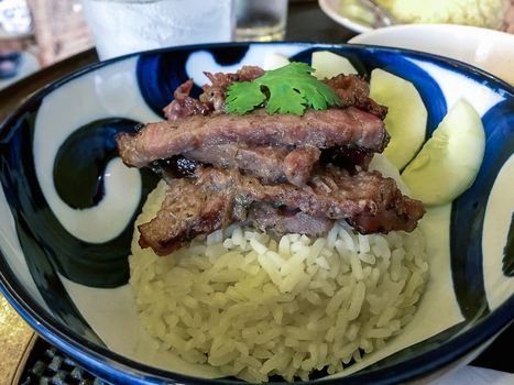 Garlic pork rice in a restaurant