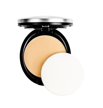 Face powder for makeup in case and white sponge isolated on white background, Save clipping path.