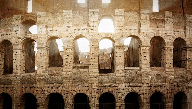 the Colosseum of Rome during sunset with sun rays filtering through the arches