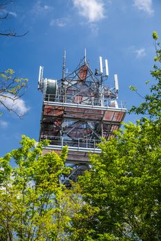 Telecommunication and Communication Tower Antenna, Cloud Sky., Technology 3G,4G of Industrial Transmission Network. Engineering Connection.