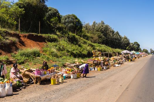 KENYA, samburu- 01 January 2019:Several fruit and vegetable stalls on the road to Samburu National Park in central Kenya, Africa