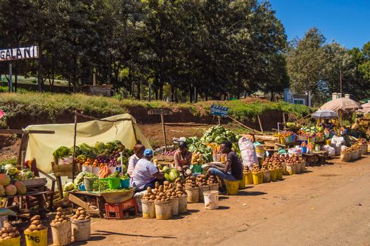 KENYA, samburu- 01 January 2019:Several fruit and vegetable stalls on the road to Samburu National Park in central Kenya, Africa