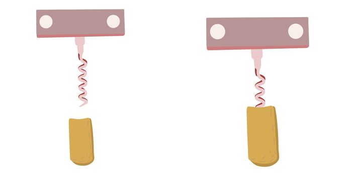Handheld corkscrew with a cork illustration on white background. Wine cork screw, bottle opener equipment. Design element isolated on white background.