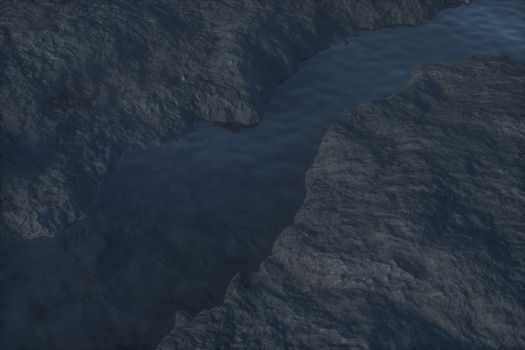 The river between the mountains at night, 3d rendering. Computer digital background.
