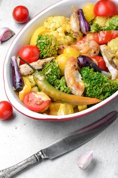 Stewed vegetables with chicken breast. Grilled vegetables baked in wine sauce.Oven roasted vegetables