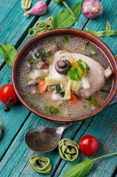 Homemade chicken noodle soup with vegetables.Dinner soup