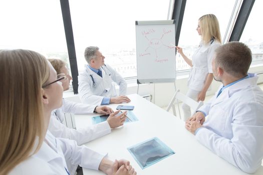 Team of doctors listening mental health conceptual presentation in clinical office