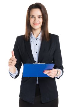 Beautiful businesswoman holding blue folder with thumb up sign isolated on white background