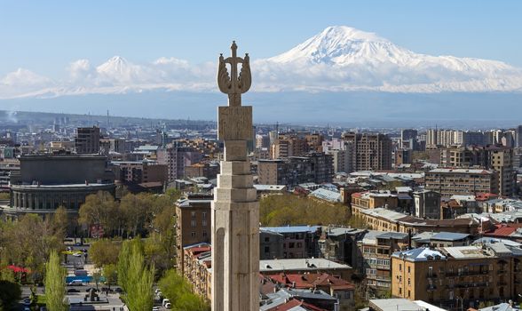 YEREVAN,ARMENIA - APRIL 15,2015:View of the majestic Mount Ararat from Yerevan, Armenia...legendary resting place of Noah's ark.Yerevan is one of the oldest cities in the world.