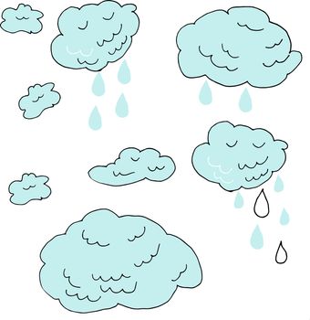 Hand drawn Doodle sign clouds and raindrops isolated on white background. illustration of weather forecast line art.