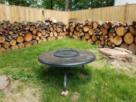 cut firewood stumps stacked along brown wooden fence and fire pit