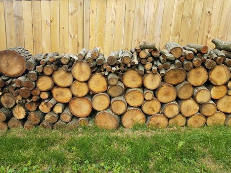 cut firewood stumps stacked along brown wooden fence