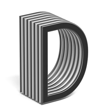 Black and white layered font Letter D 3D render illustration isolated on white background