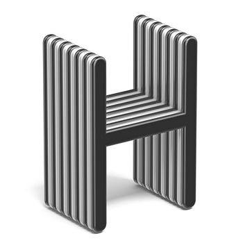 Black and white layered font Letter H 3D render illustration isolated on white background