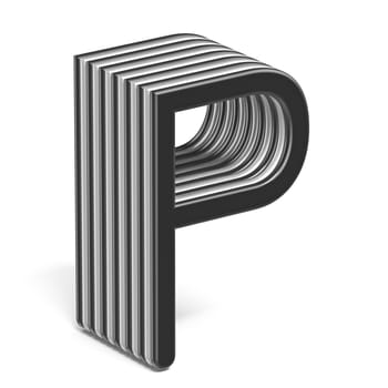 Black and white layered font Letter P 3D render illustration isolated on white background