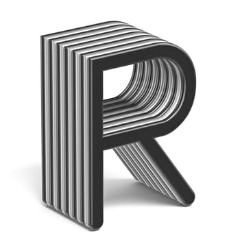 Black and white layered font Letter R 3D render illustration isolated on white background