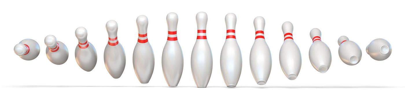 Set of bowling pins while rotatig 3D rendering illustration isolated on white background