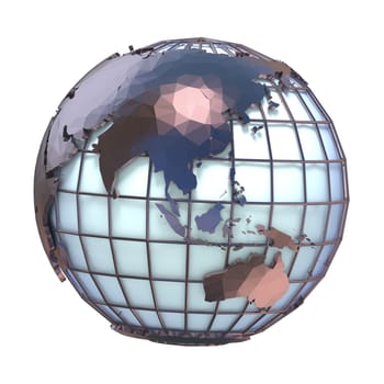 Polygonal style illustration of earth globe, Asia and Oceania view 3D rendering illustration isolated on white background