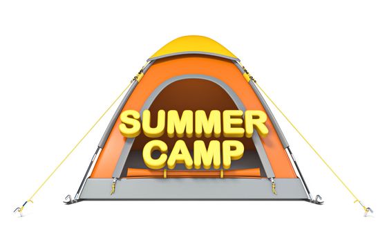 Orange tent with text SUMMER CAMP 3D rendering illustration isolated on white background