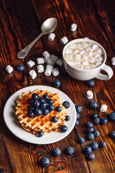 Homemade Waffles with Fresh Blueberry and Topping on Plate, Cup of Hot Chocolate with Marshmallow.Vertical Orientation.